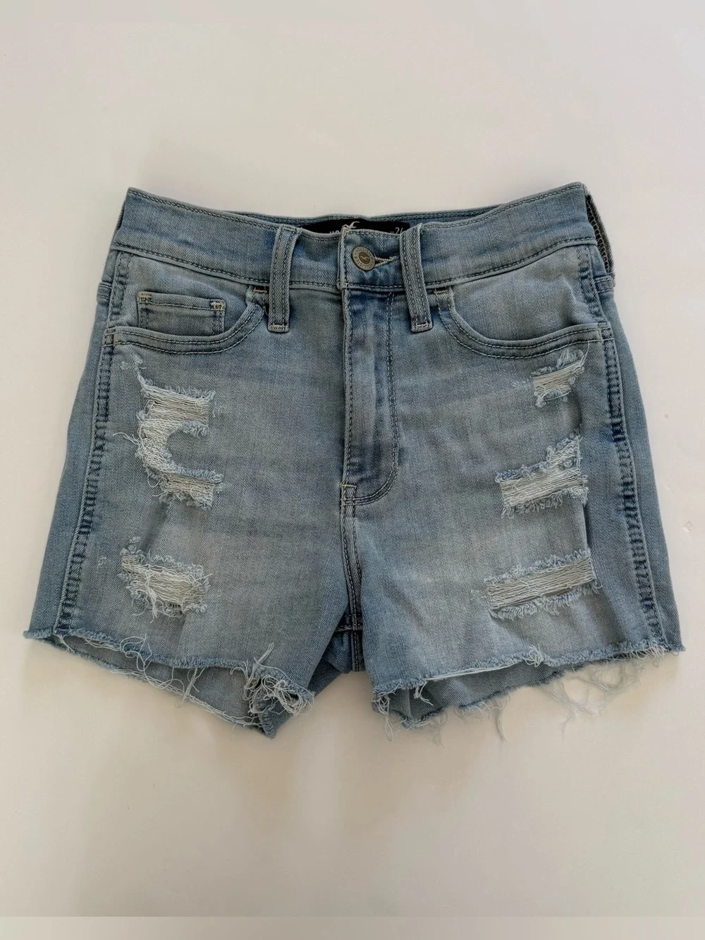 Hollister High Rise Denim Shorts Size 0 24W Light Wash Distressed Ripped Frayed